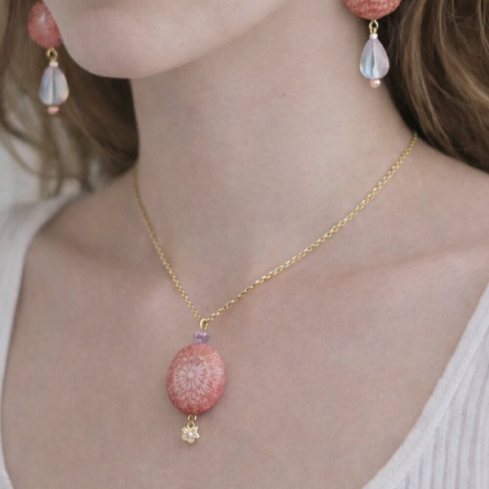 Patch & Roam pink fossilized coral pendant necklace with floral bead detail